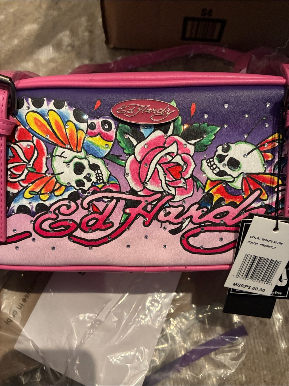 Ed Hardy Pink Floral Skull Shoulder Bag with Purple Accent - Picture 6 of 8